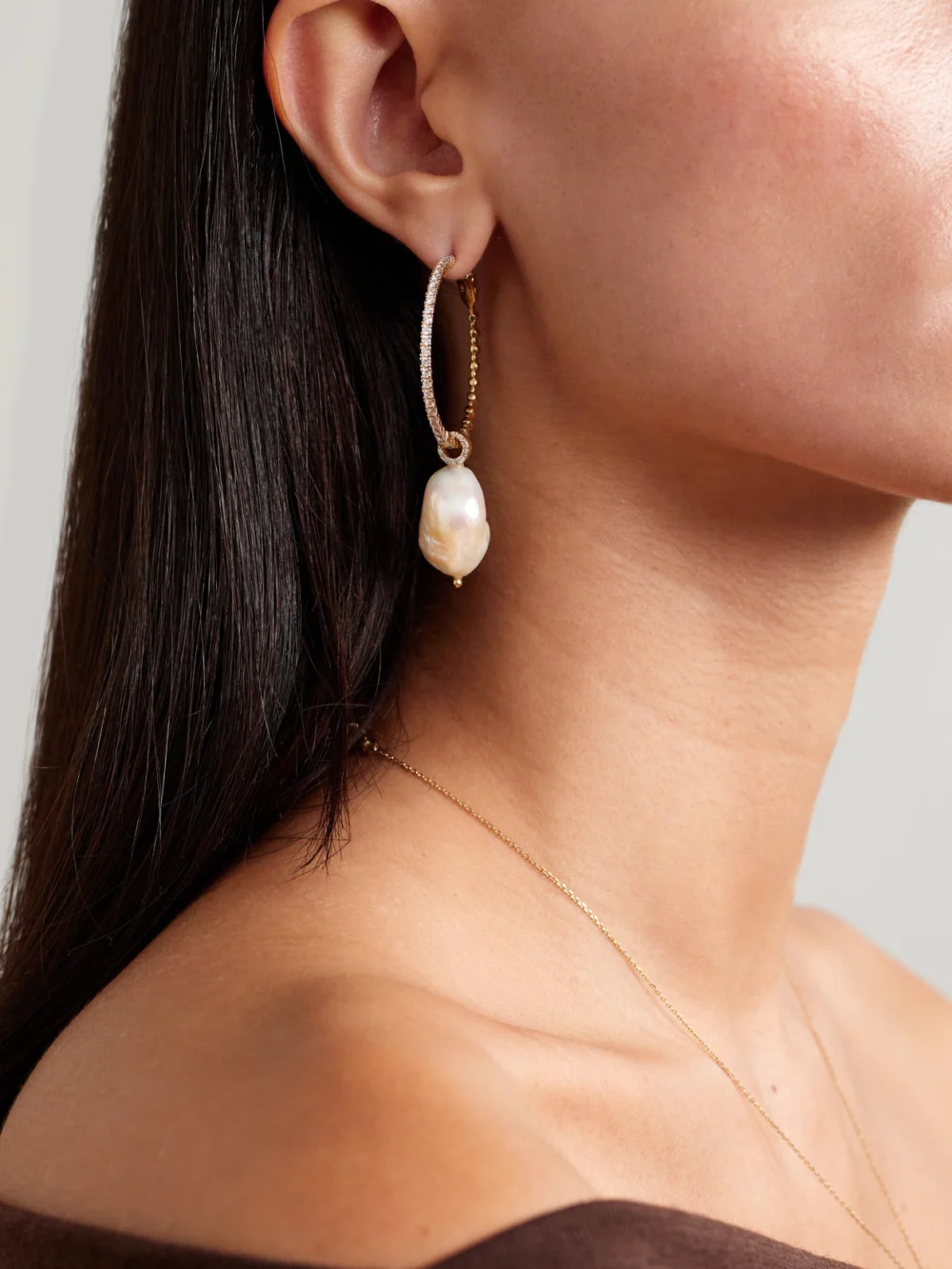 Mateo 14-karat Gold, Pearl and Diamond Hoop Earrings, styled view