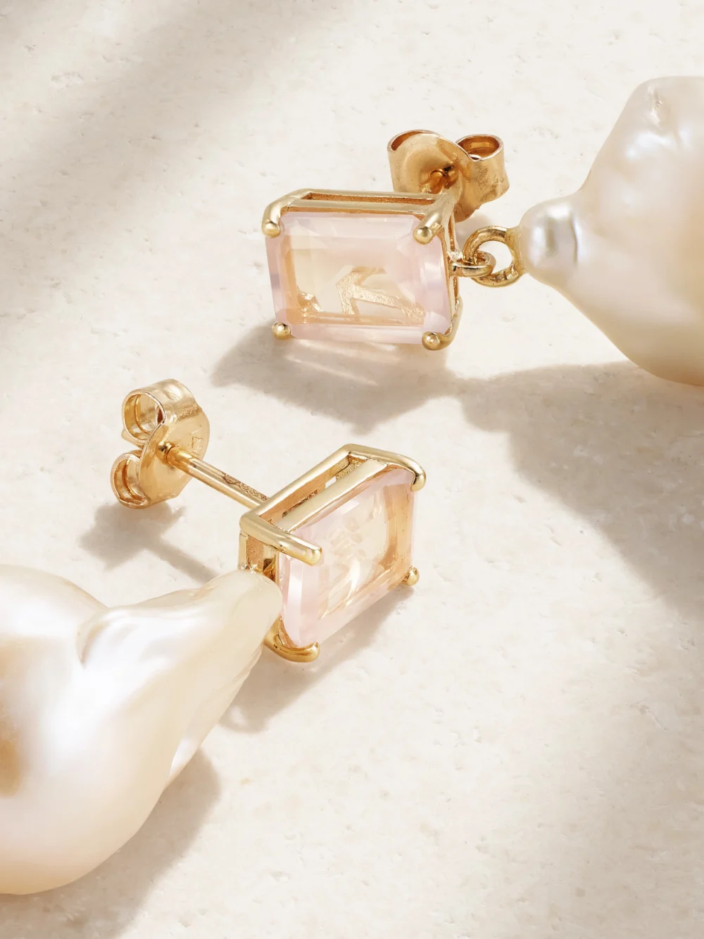 Close-up detail of the Mateo 14-karat Gold, Pearl and Rose Quartz Earrings