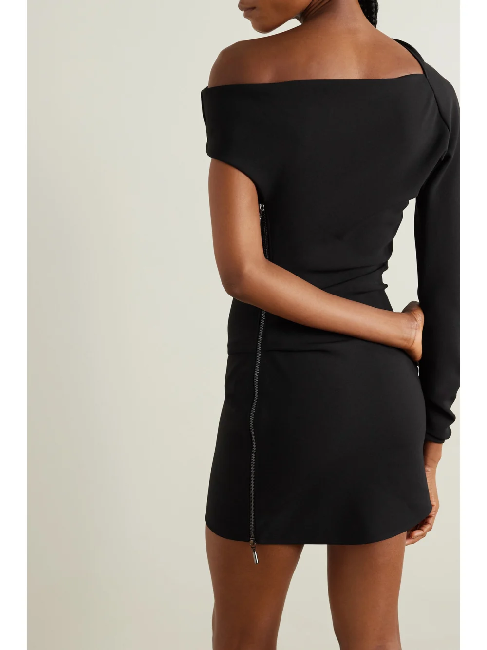 Back view of the Maticevski Aroma One-sleeve Stretch-crepe Mini Dress