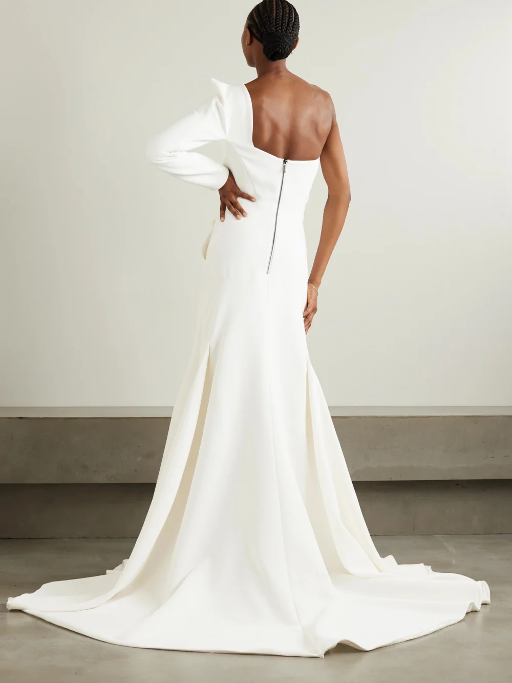 Back view of the Maticevski Audacity One-sleeve Grain De Poudre Gown