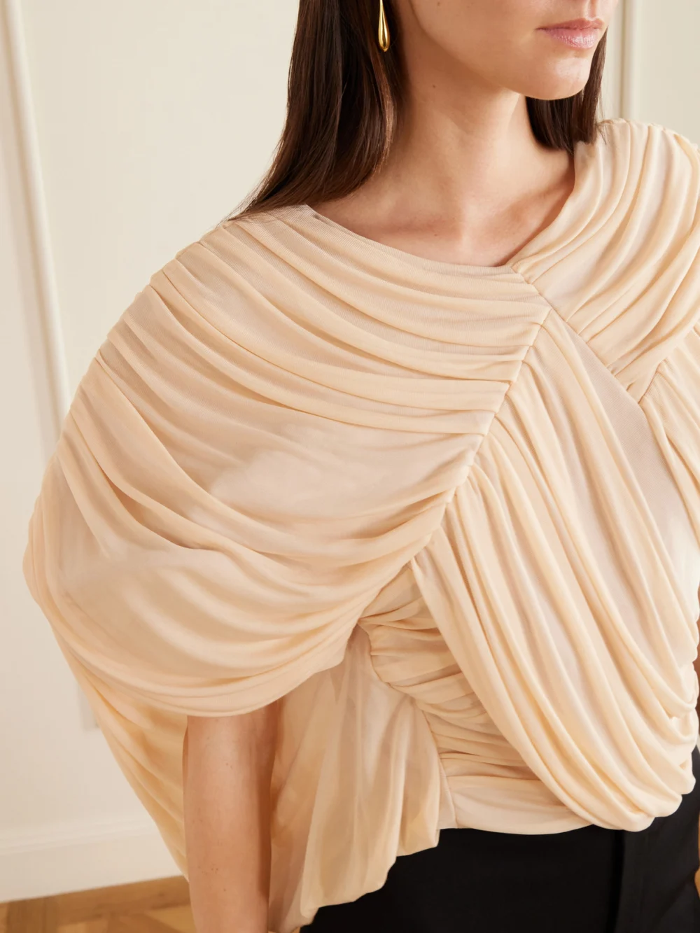 Close-up detail of the Maticevski Draped Chiffon Blouse