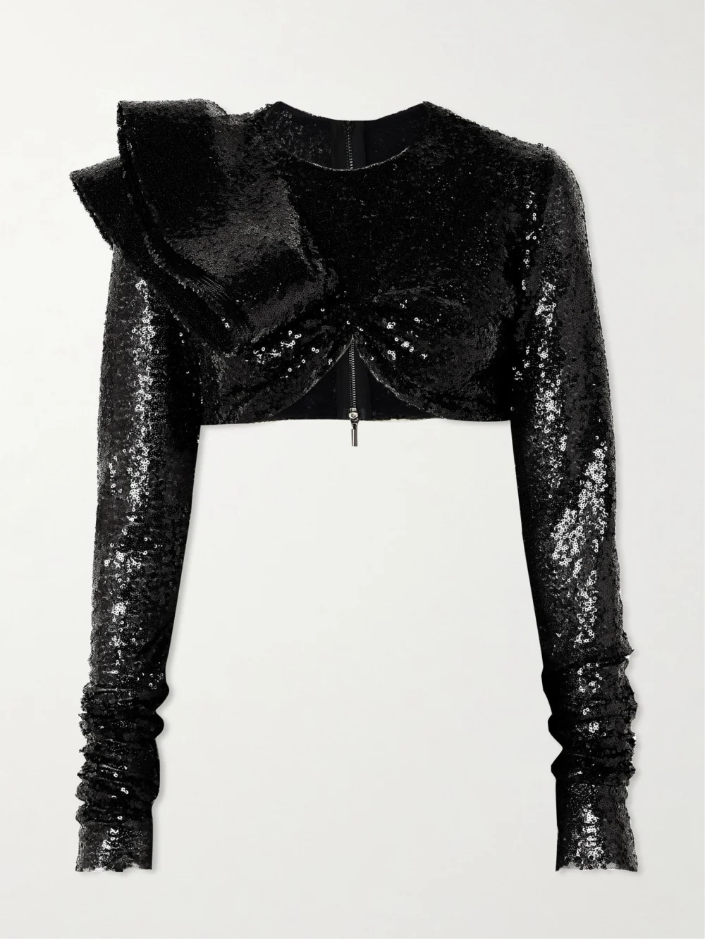 Maticevski Illusion Cropped Ruffled Sequined Mesh Top in black