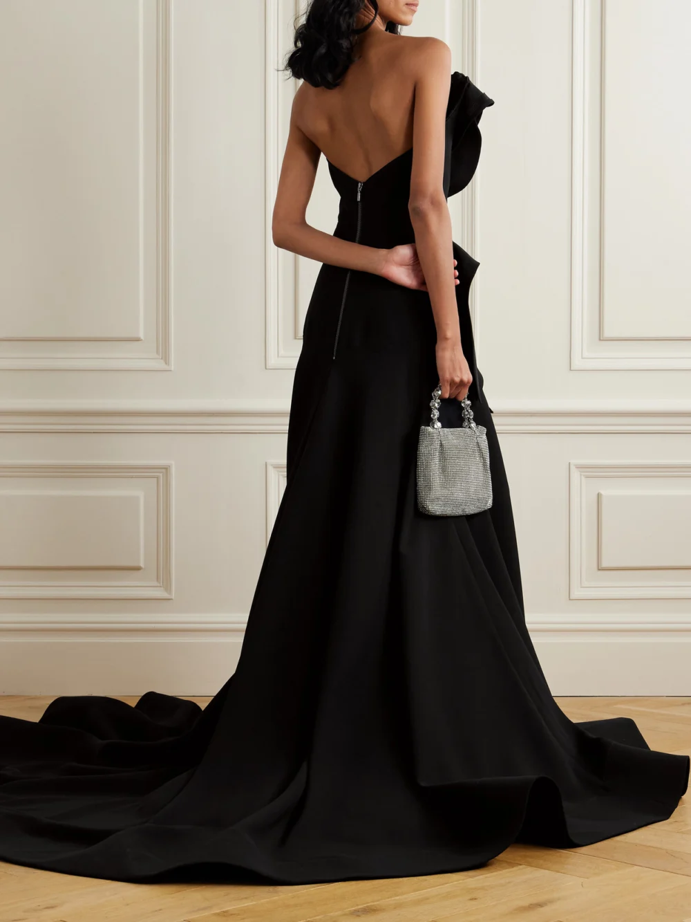 Back view of the Maticevski Ironworks Strapless Mesh-trimmed Ruffled Crepe Gown