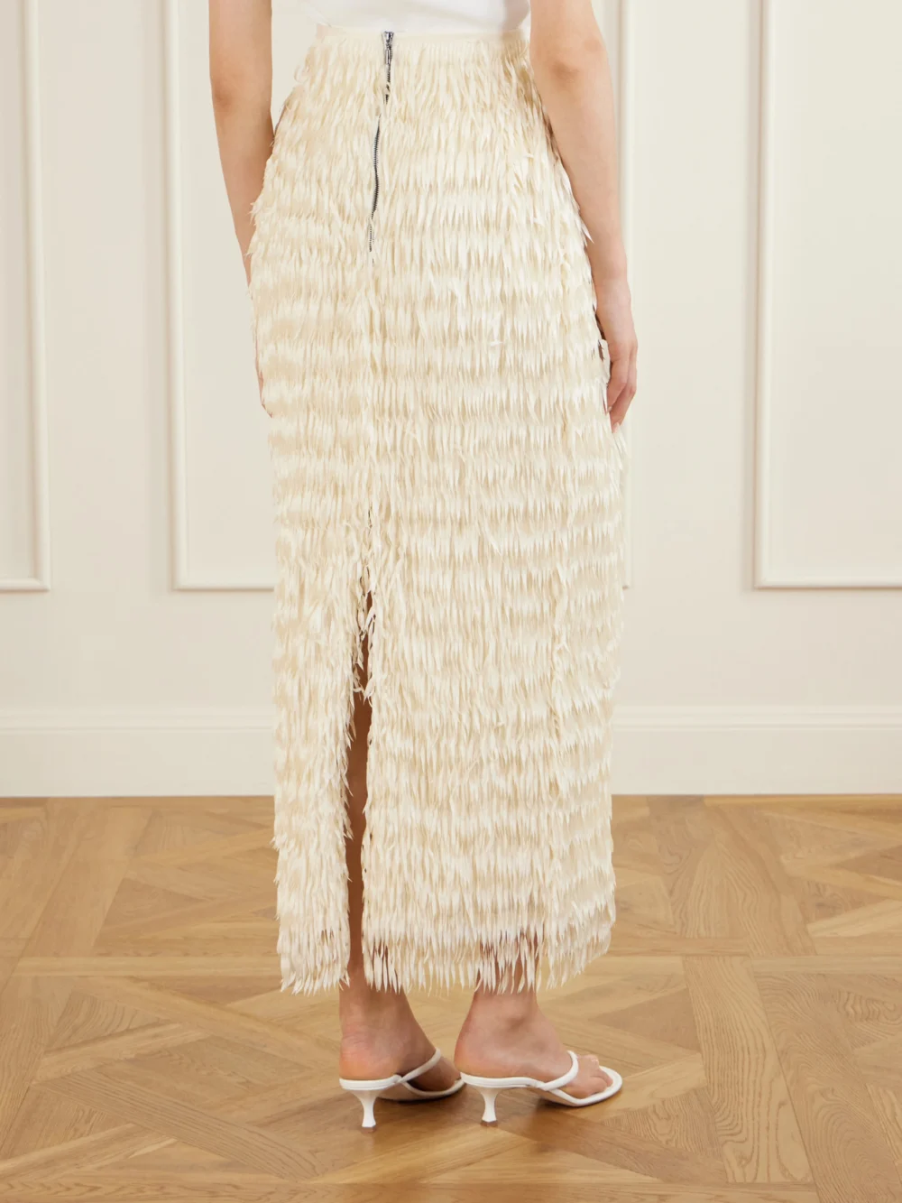 Back view of the Maticevski Resonate Fringed Satin Midi Skirt