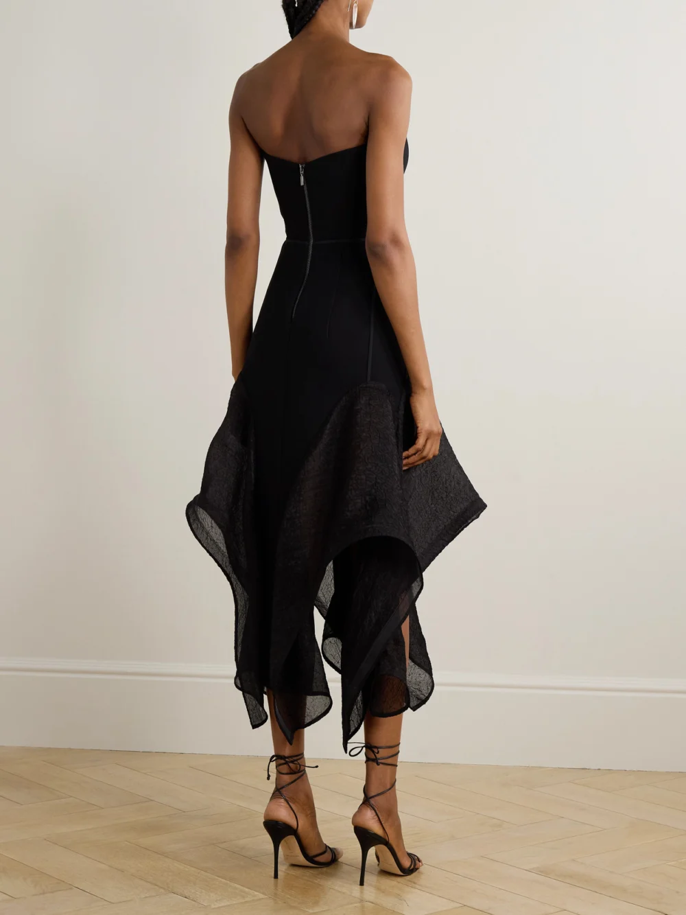 Back view of the Maticevski Sybil Strapless Asymmetric Crepe and Crinkled-organza Dress