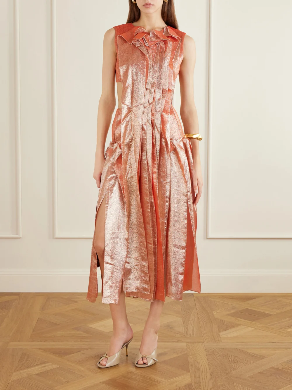 Maticevski Trailblaze Ruffled Metallic Brocade Gown, worn by a model