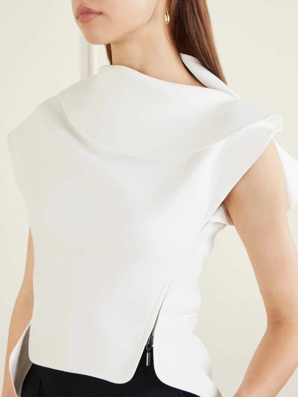 Close-up detail of the Maticevski Whirl Asymmetric Layered Crepe Top
