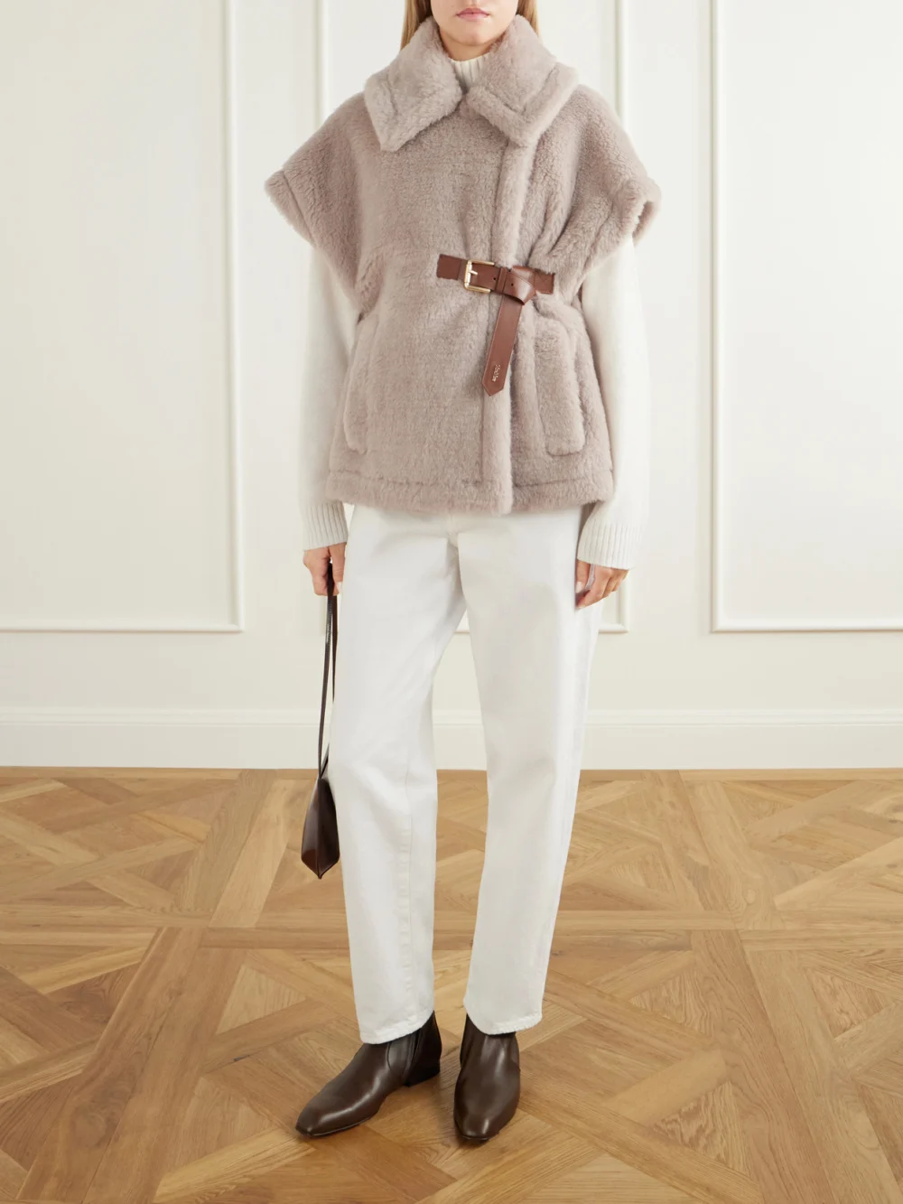 Max Mara Abavo Buckled Alpaca, Wool and Silk-blend Fleece Cape, worn by a model