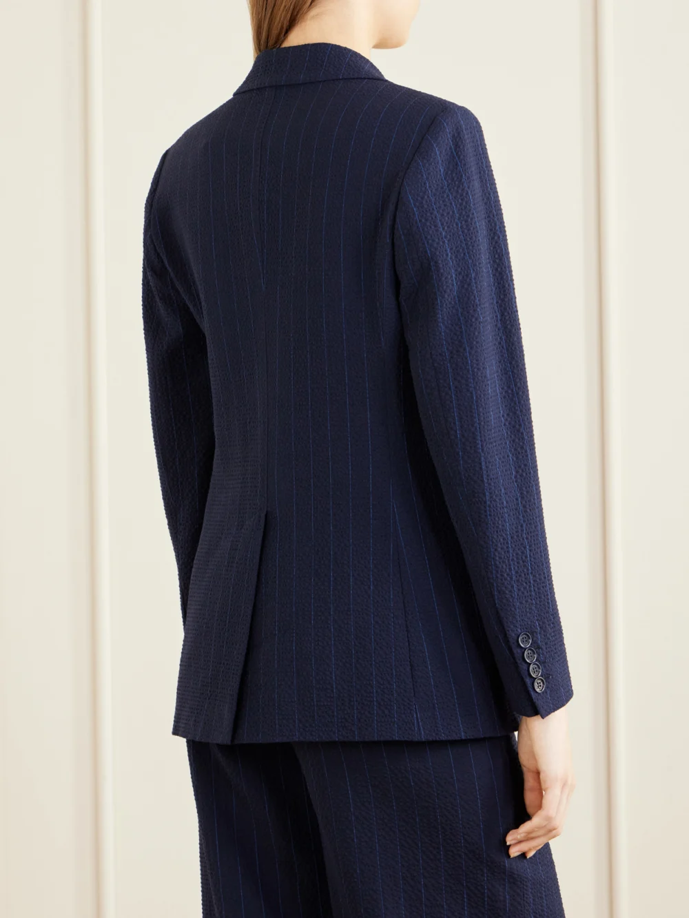 Back view of the Max Mara Baobab Pinstriped Wool-blend Seersucker Blazer