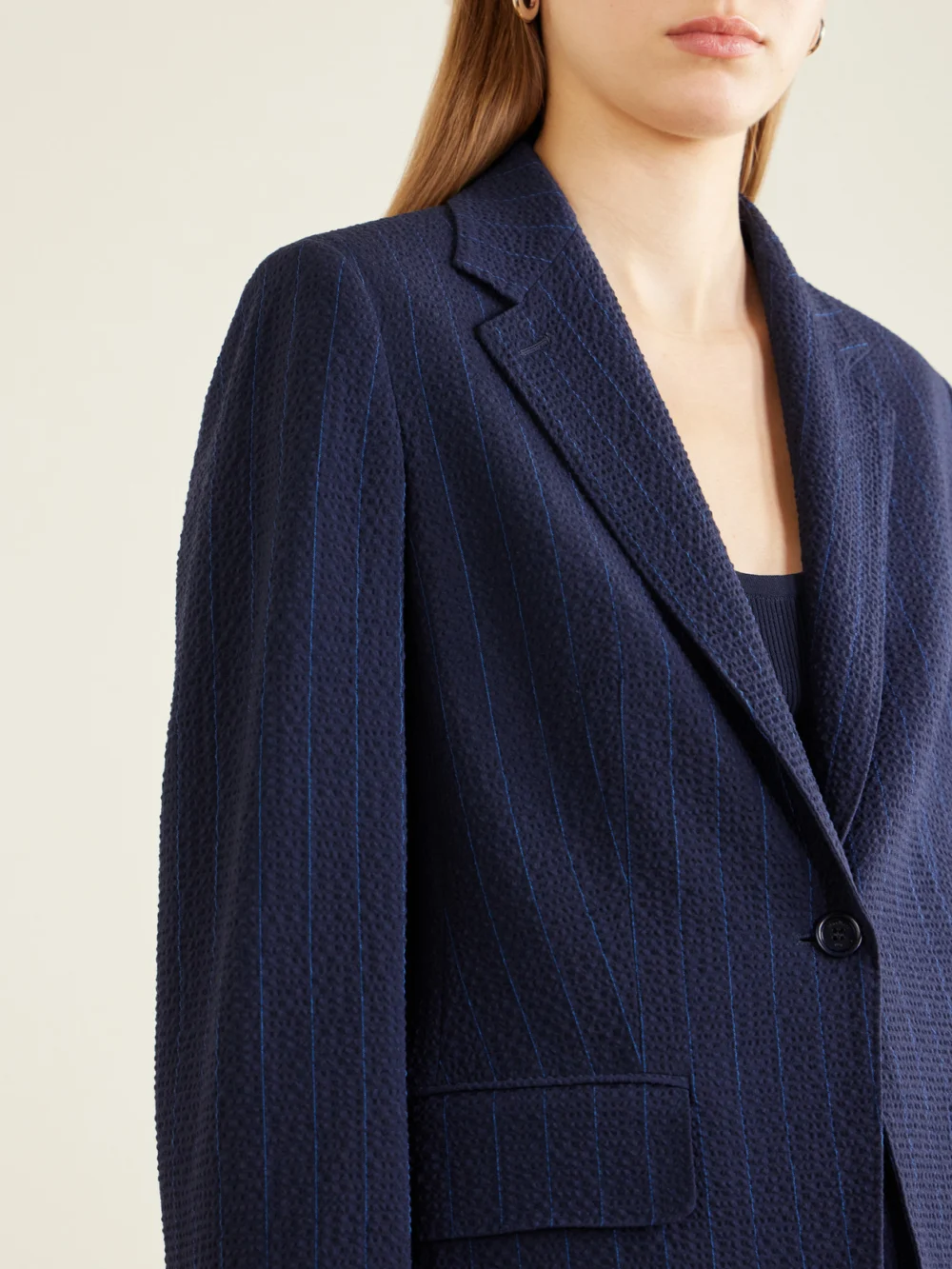 Close-up detail of the Max Mara Baobab Pinstriped Wool-blend Seersucker Blazer