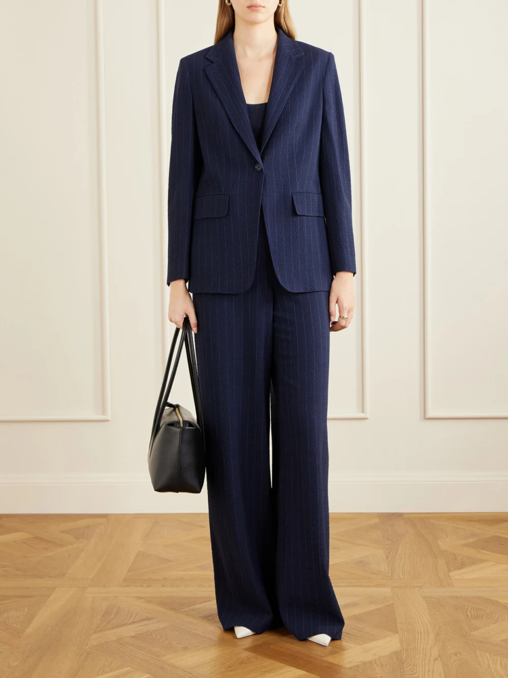 Max Mara Baobab Pinstriped Wool-blend Seersucker Blazer, worn by a model