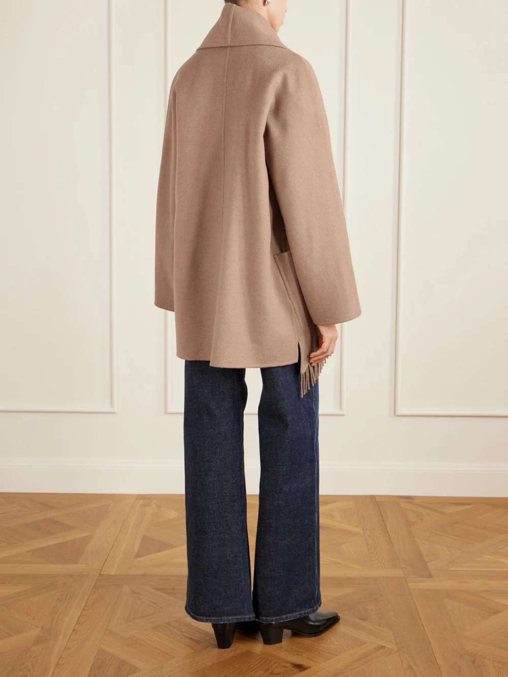 Back view of the Max Mara Belted Fringed Camel Hair Coat