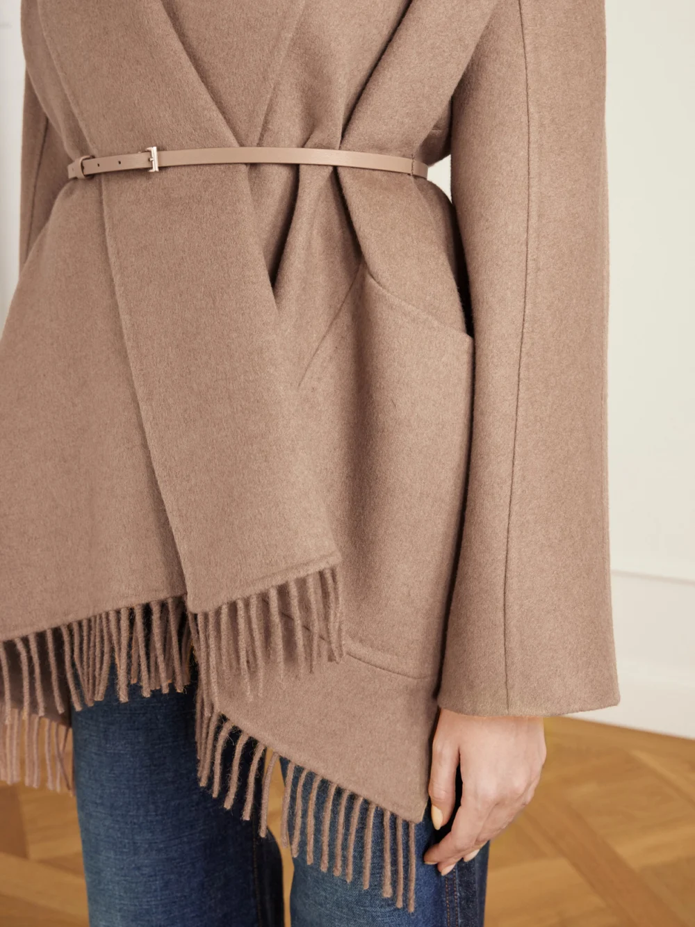 Close-up detail of the Max Mara Belted Fringed Camel Hair Coat