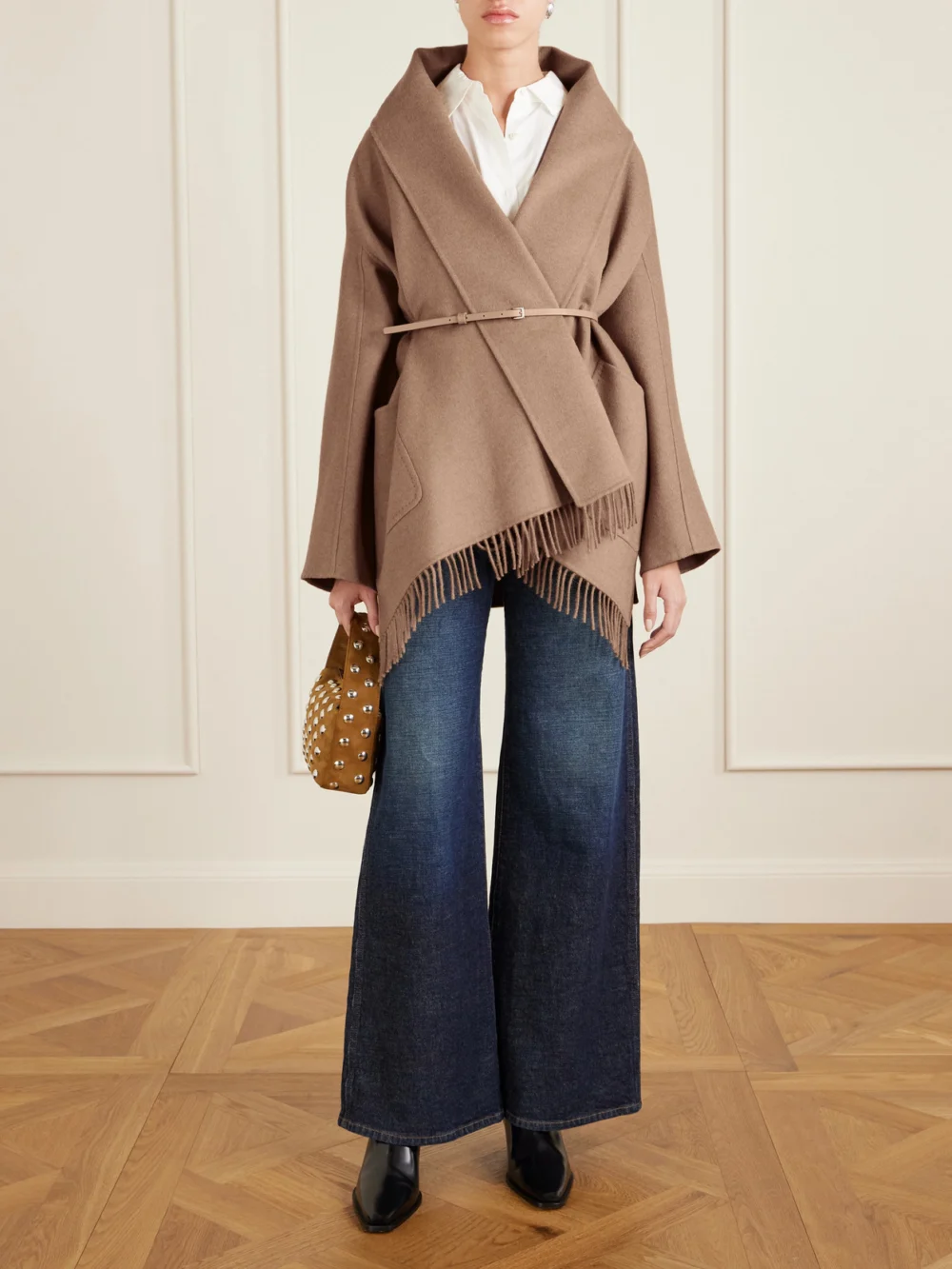 Max Mara Belted Fringed Camel Hair Coat, worn by a model