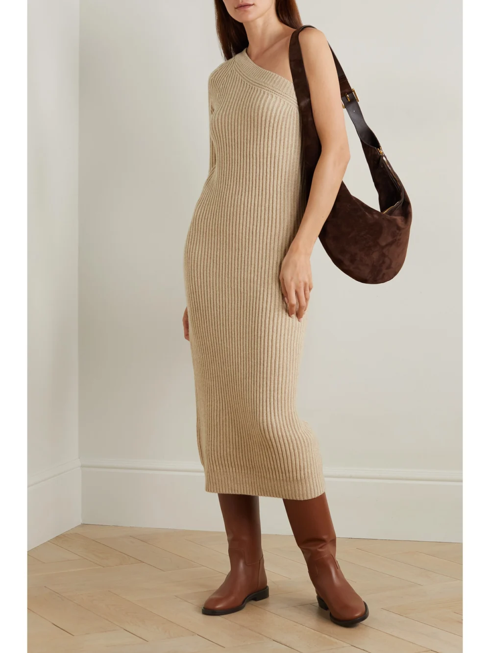 Max Mara One-shoulder Ribbed Wool and Cashmere-blend Midi Dress, worn by a model