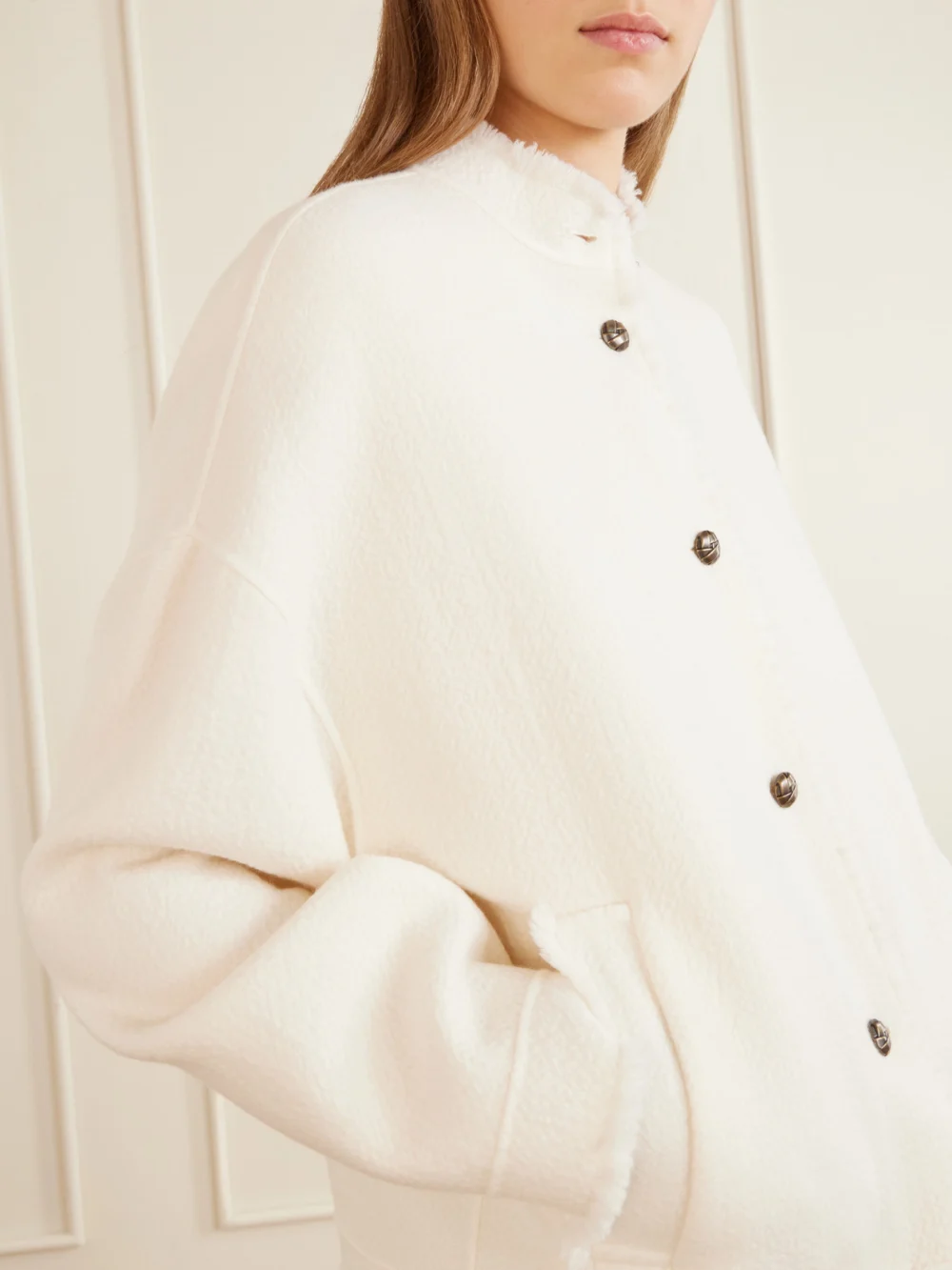Close-up detail of the Max Mara Palmizi Fringed Wool-bouclé Jacket