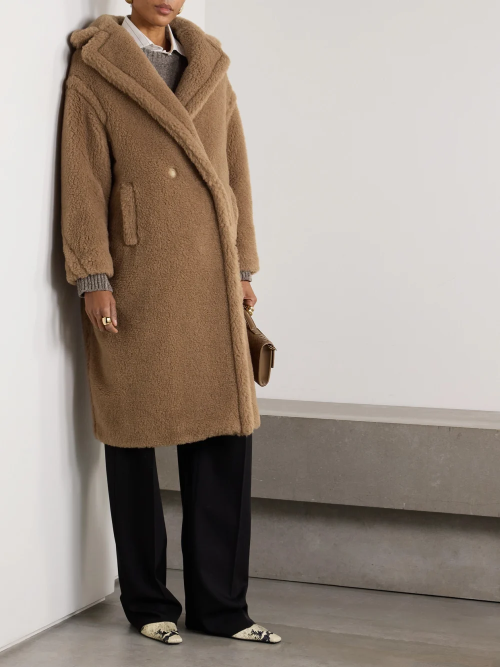 Side view of the Max Mara Teddy Bear Icon Oversized Camel-hair and Silk-blend Coat