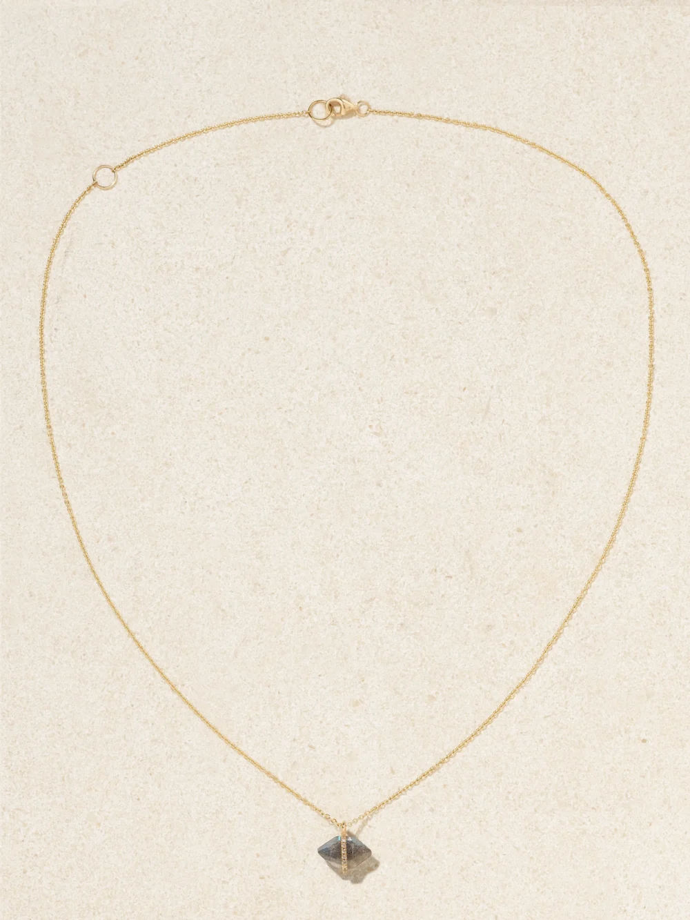 Close-up detail of the Melissa Joy Manning 14-karat Recycled Gold, Labradorite and Herkimer Diamond Necklace