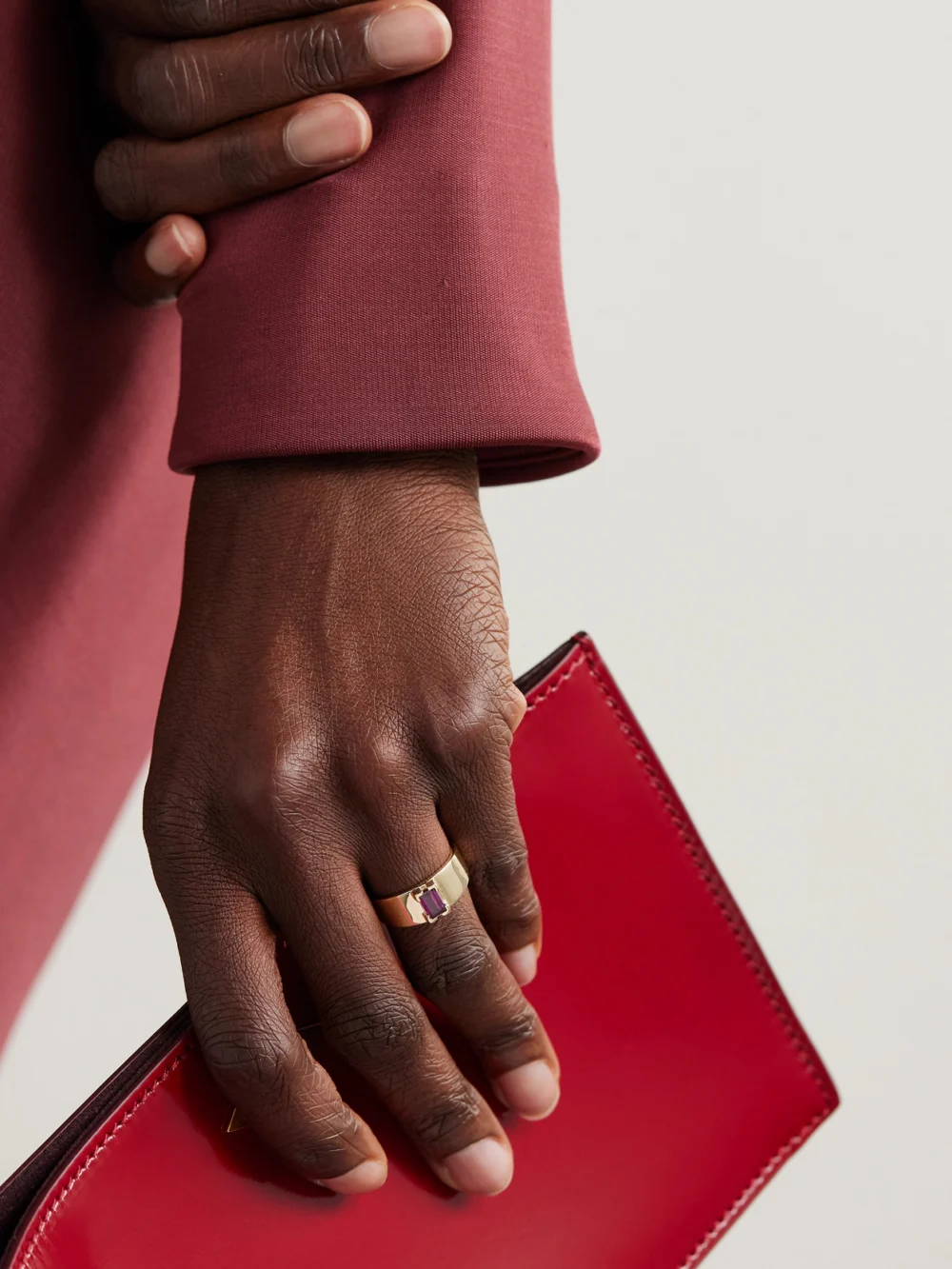 Melissa Joy Manning 14-karat Recycled Gold Rhodolite Ring, styled view