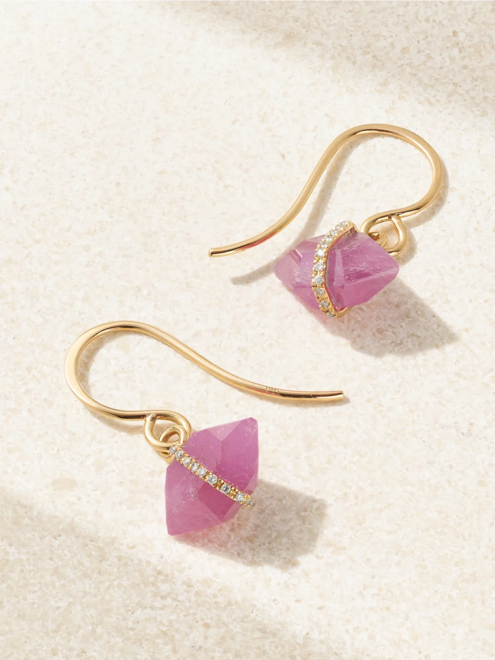 Close-up detail of the Melissa Joy Manning 14-karat Recycled Gold, Ruby and Herkimer Diamond Earrings