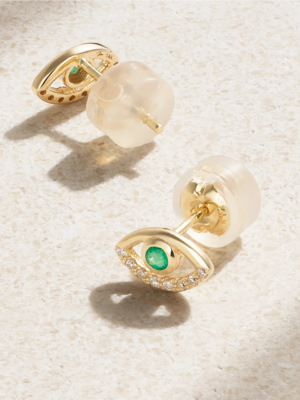 Back view of the Melissa Joy Manning Wink 14-karat Recycled Gold, Diamond and Emerald Earrings