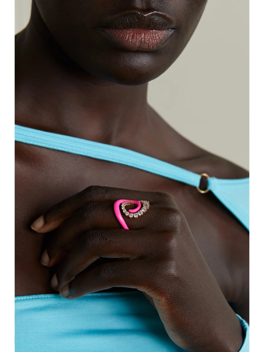 Melissa Kaye Riley 18-karat Pink Gold, Diamond and Enamel Ring, styled view