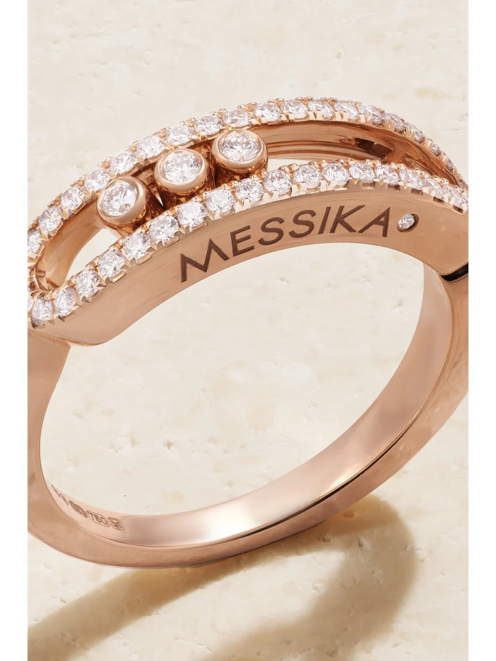 Close-up detail of the Messika Baby Move 18-karat Rose Gold Diamond Ring