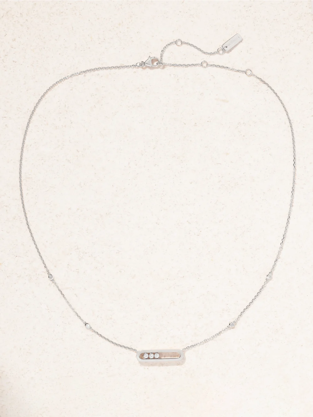 Close-up detail of the Messika Baby Move 18-karat White Gold Diamond Necklace