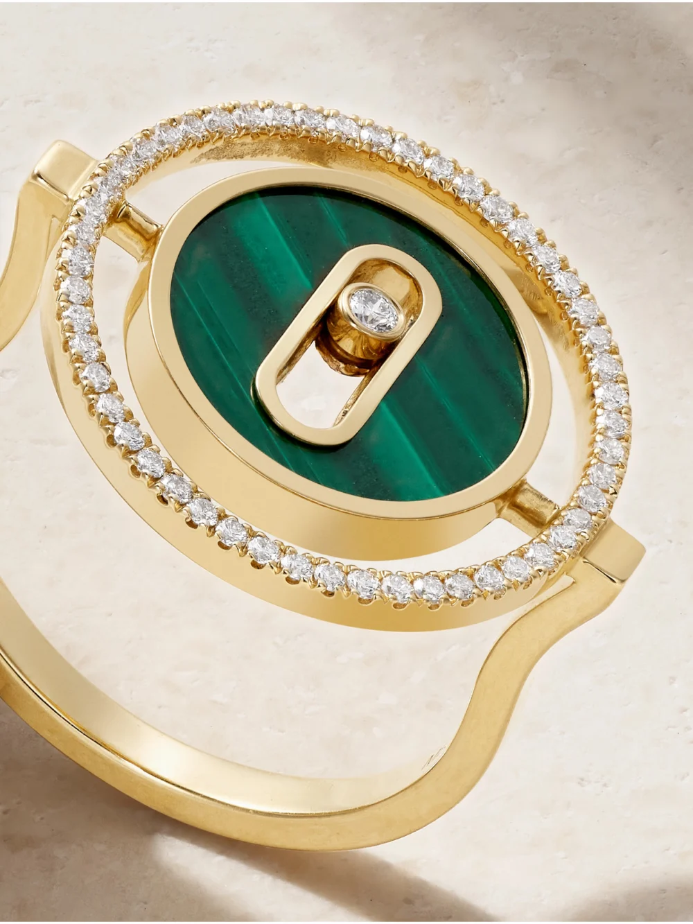 Close-up detail of the Messika Lucky Move 18-karat Gold, Malachite and Diamond Ring
