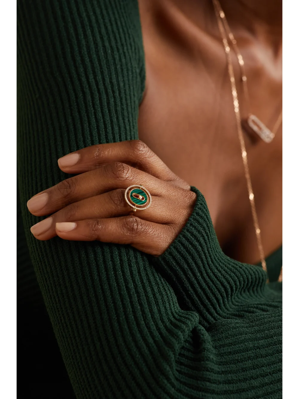 Messika Lucky Move 18-karat Gold, Malachite and Diamond Ring, styled view
