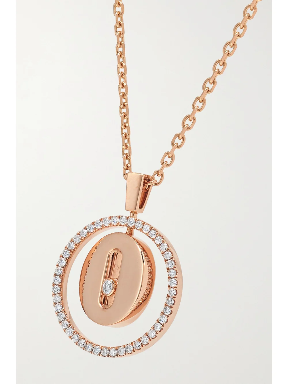 Close-up detail of the Messika Lucky Move 18-karat Rose Gold Diamond Necklace