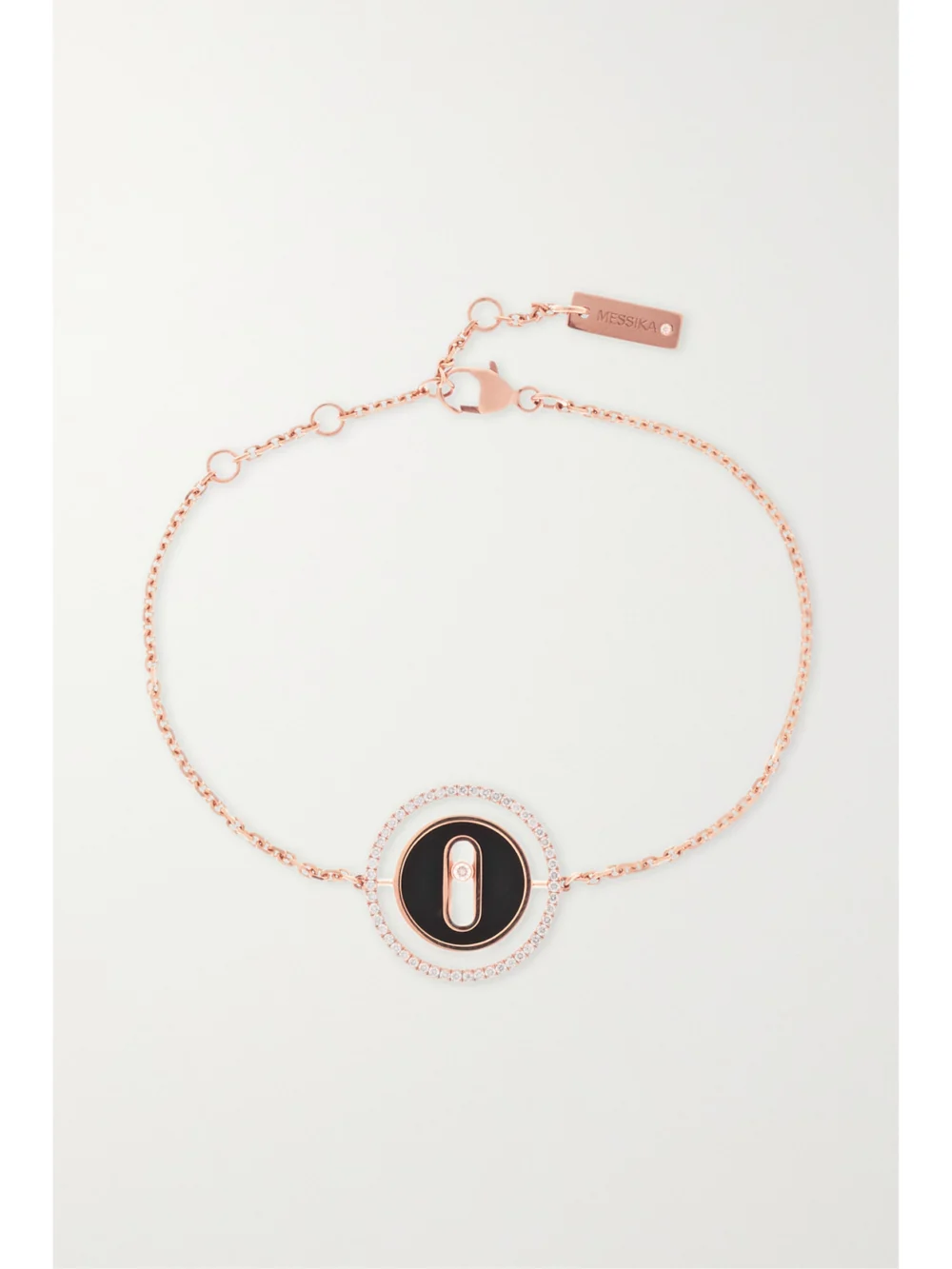 Close-up detail of the Messika Lucky Move 18-karat Rose Gold, Onyx and Diamond Bracelet