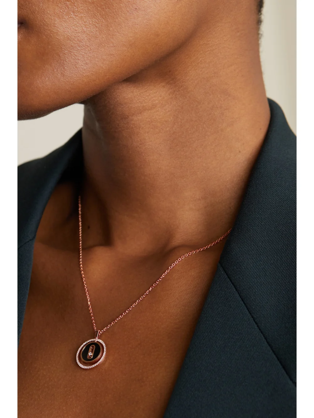 Messika Lucky Move 18-karat Rose Gold, Onyx and Diamond Necklace, styled view