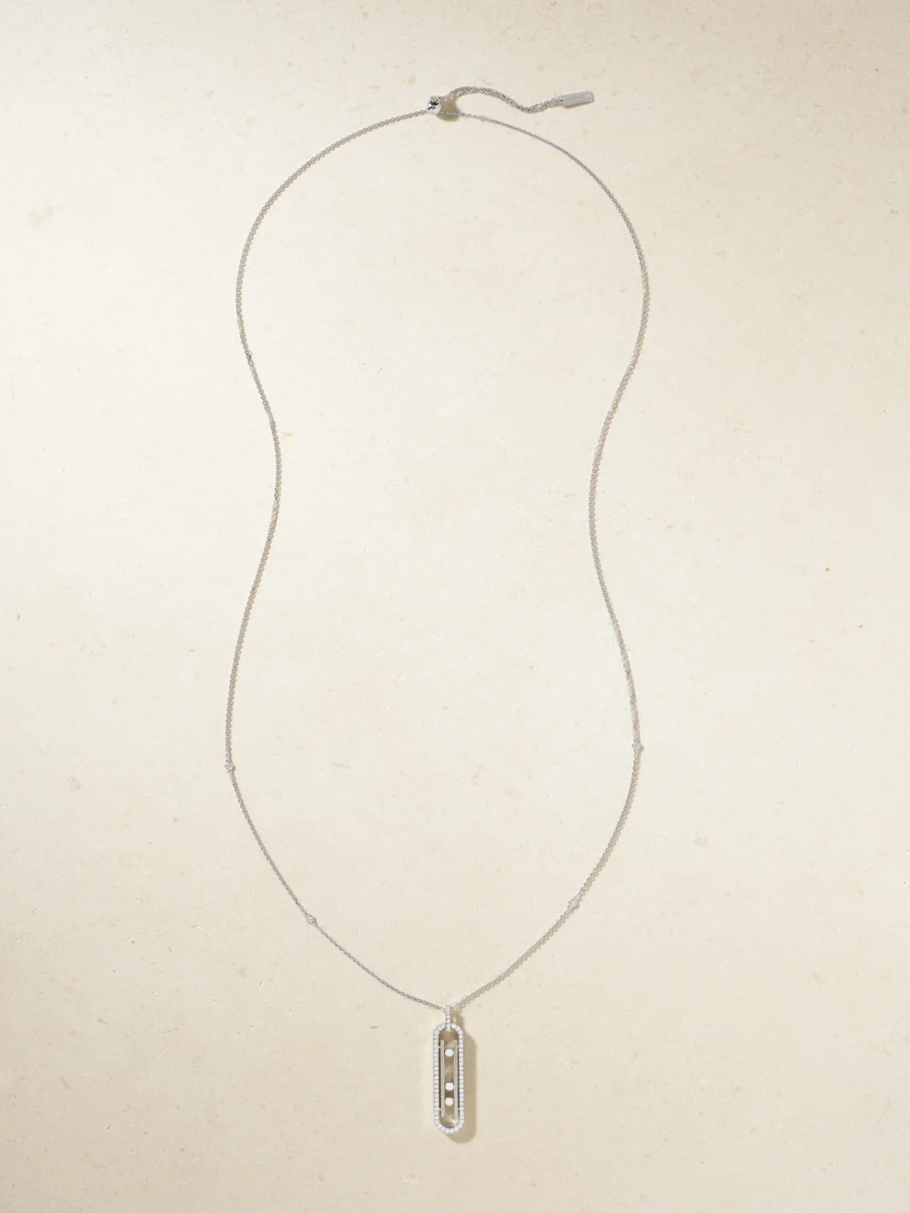 Close-up detail of the Messika Move 10th 18-karat White Gold Diamond Necklace