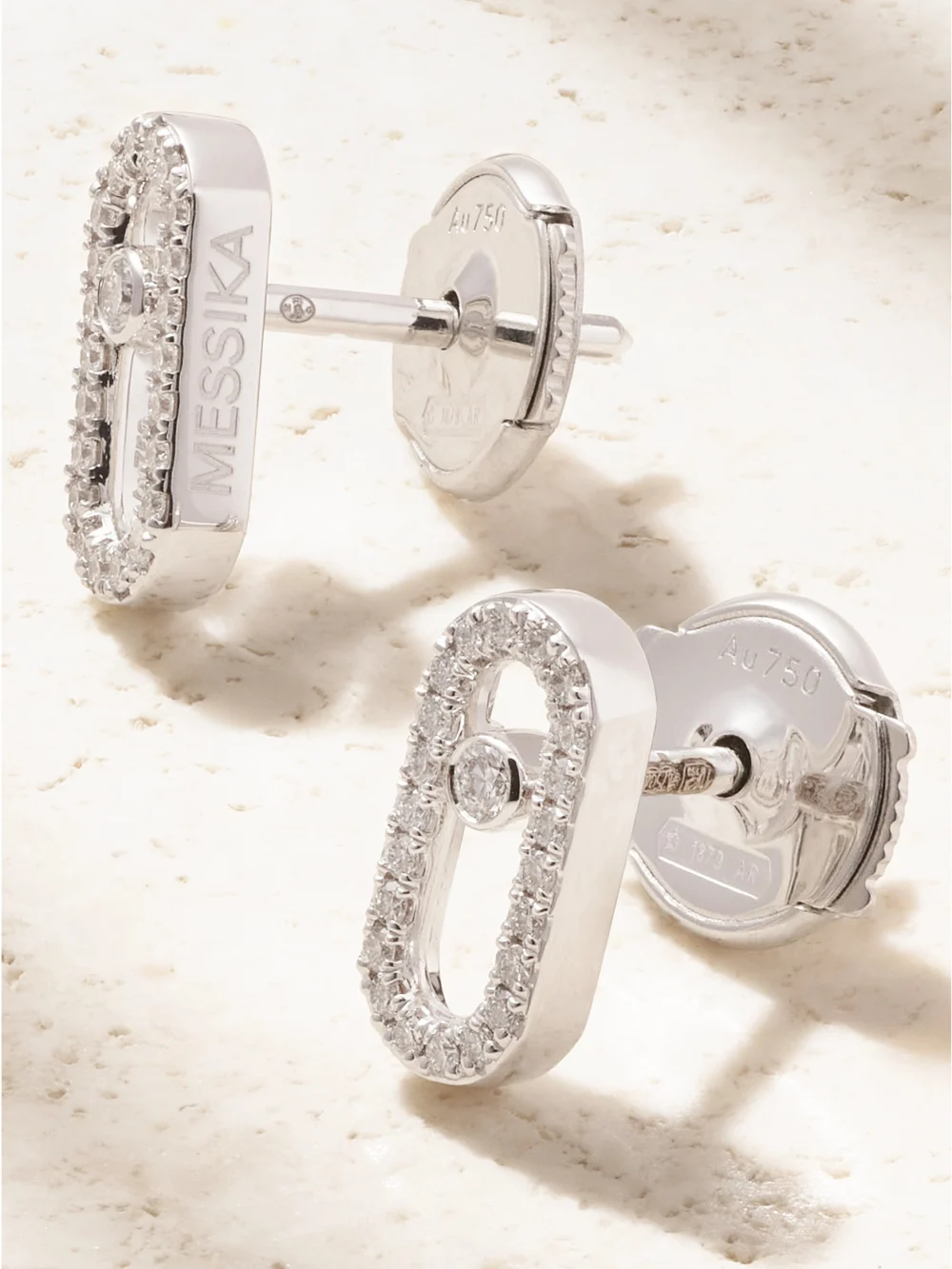 Close-up detail of the Messika Move Uno 18-karat White Gold Diamond Earrings