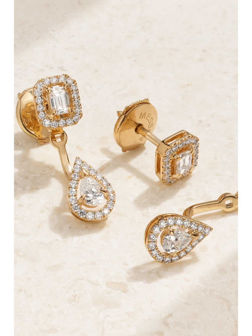 Close-up detail of the Messika My Twin Toi & Moi 18-karat Gold Diamond Earrings