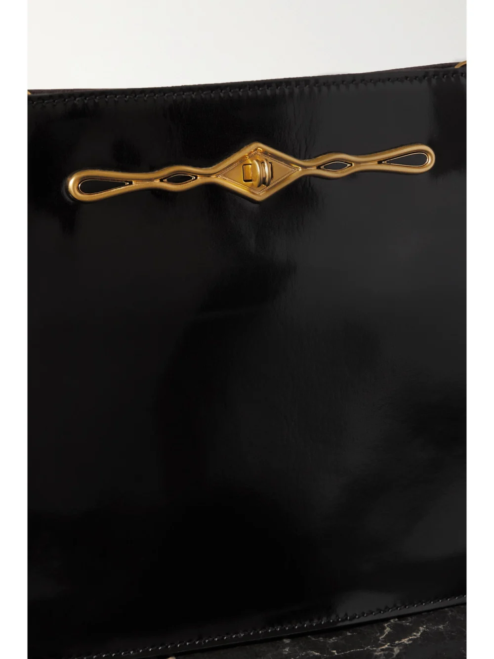 Close-up detail of the Métier + Fernando Jorge Stowaway Embellished Patent-leather Shoulder Bag