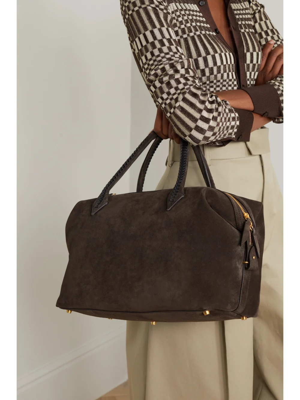 Métier Perriand City Medium Braided Leather-trimmed Suede Tote, styled view