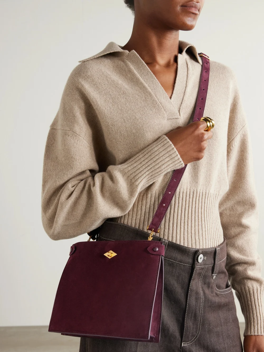 Métier Stowaway Suede Shoulder Bag, styled view