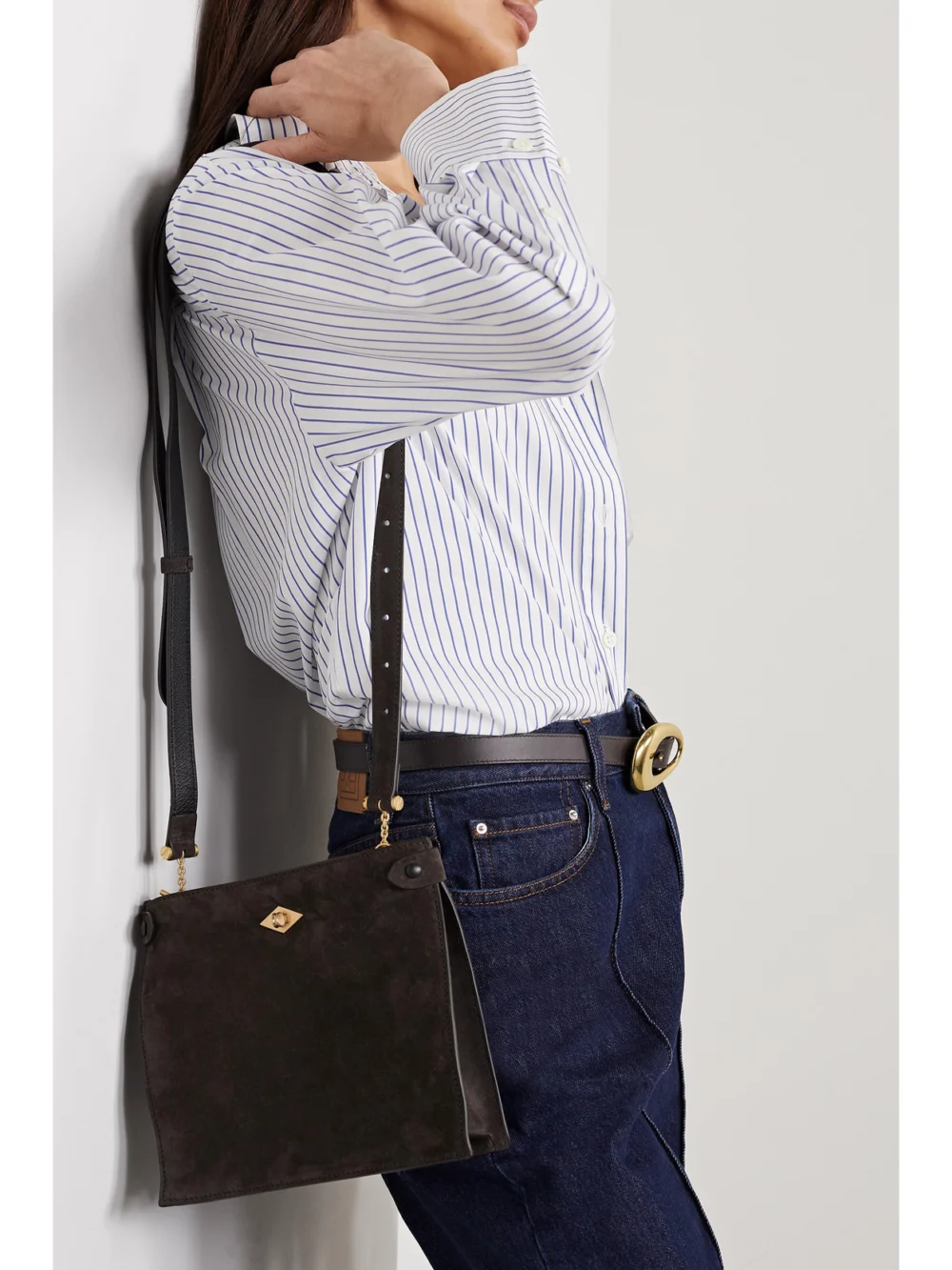 Métier Stowaway Suede Shoulder Bag, styled view