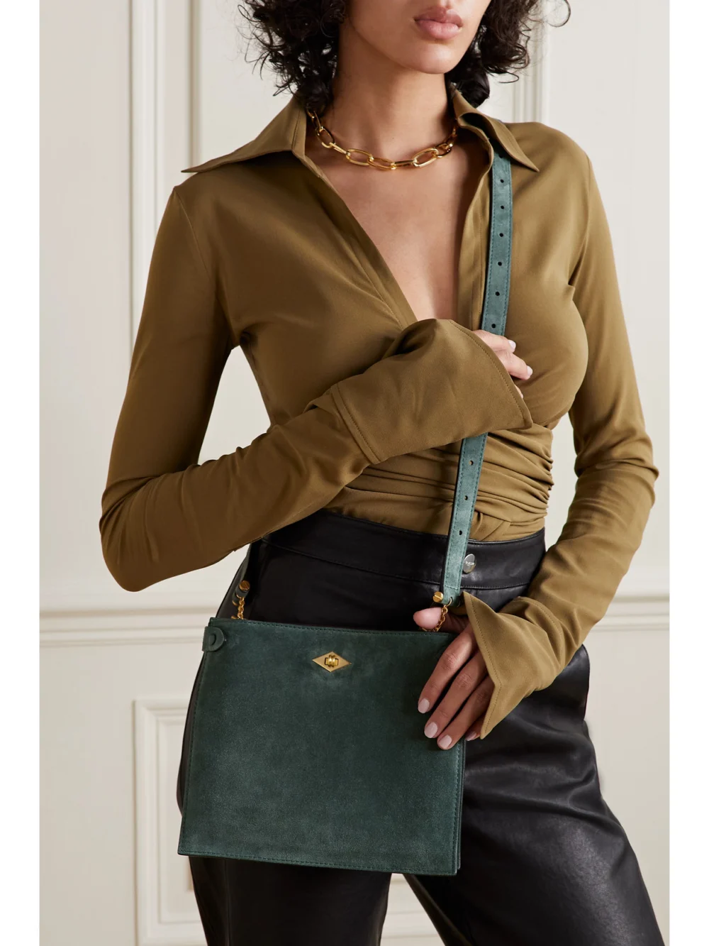 Métier Stowaway Suede Shoulder Bag, styled view