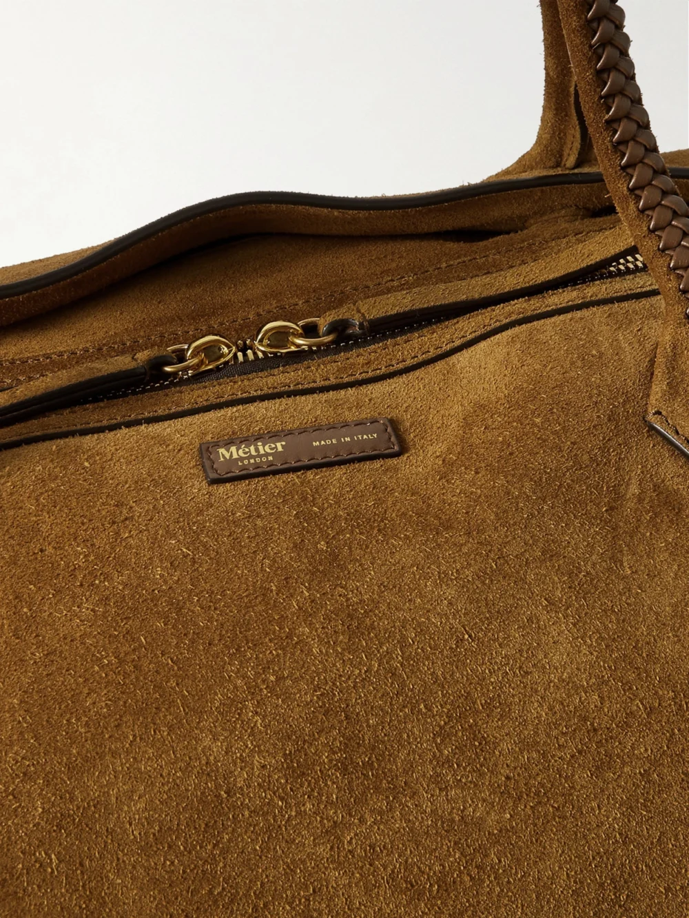 Close-up detail of the Métier Weekend Xl Leather-trimmed Suede Tote
