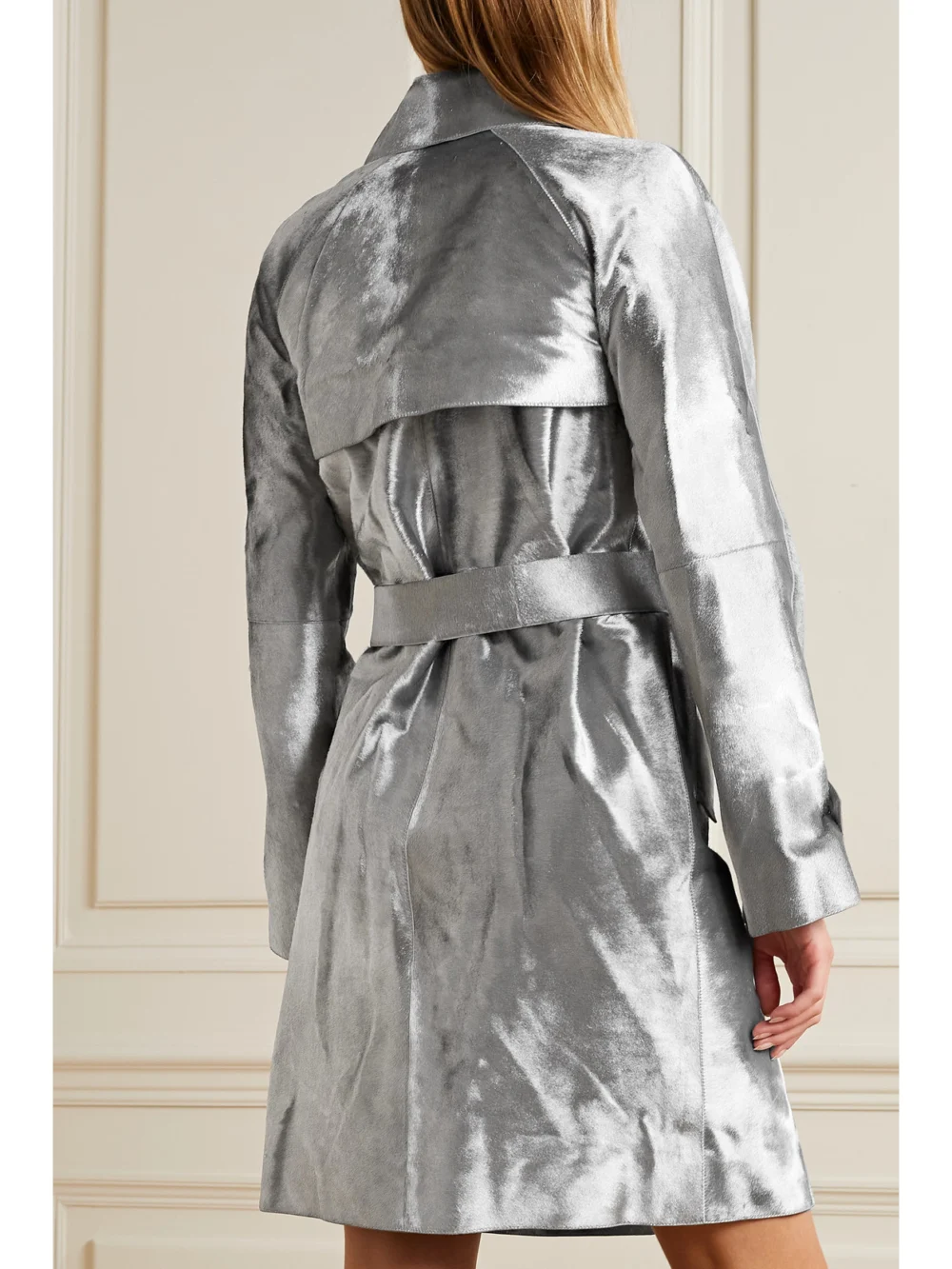 Back view of the Michael Kors Collection Belted Double-breasted Metallic Calf Hair Trench Coat