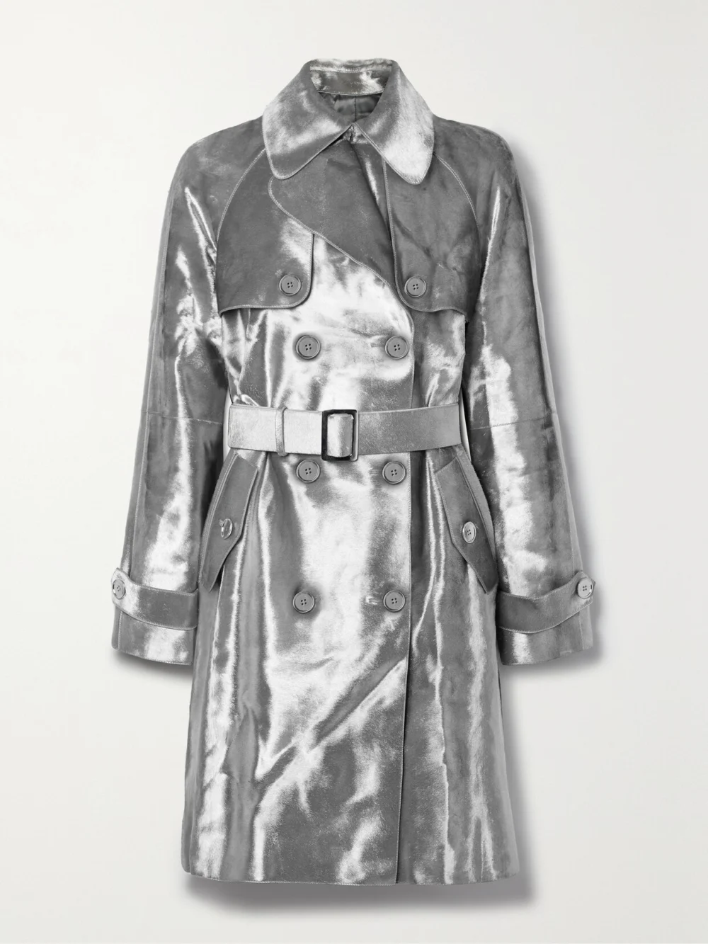 Michael Kors Collection Belted Double-breasted Metallic Calf Hair Trench Coat in silver
