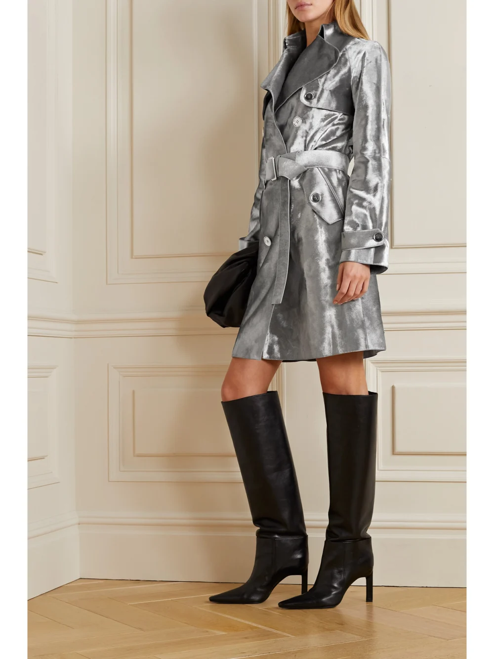 Michael Kors Collection Belted Double-breasted Metallic Calf Hair Trench Coat, worn by a model
