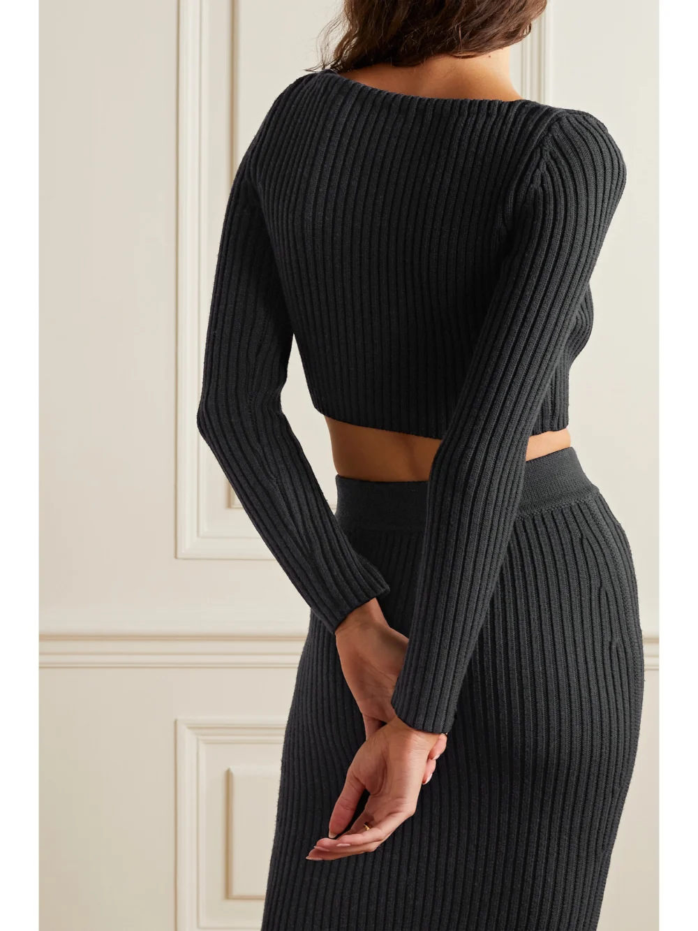 Back view of the Michael Kors Collection Cropped Ribbed Wool-blend Cardigan