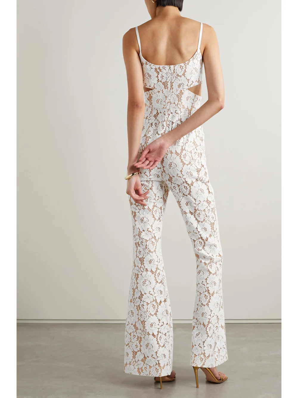 Back view of the Michael Kors Collection Cutout Satin-trimmed Cotton-blend Corded Lace Jumpsuit