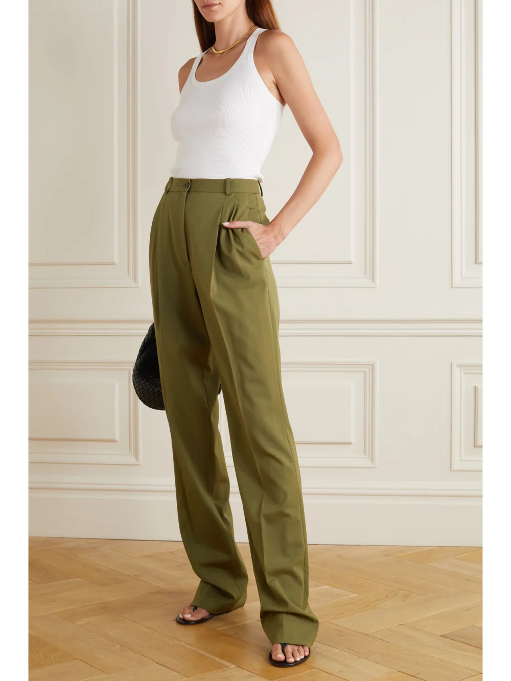 Michael Kors Collection Mika Pleated Wool-blend Twill Straight-leg Pants, worn by a model