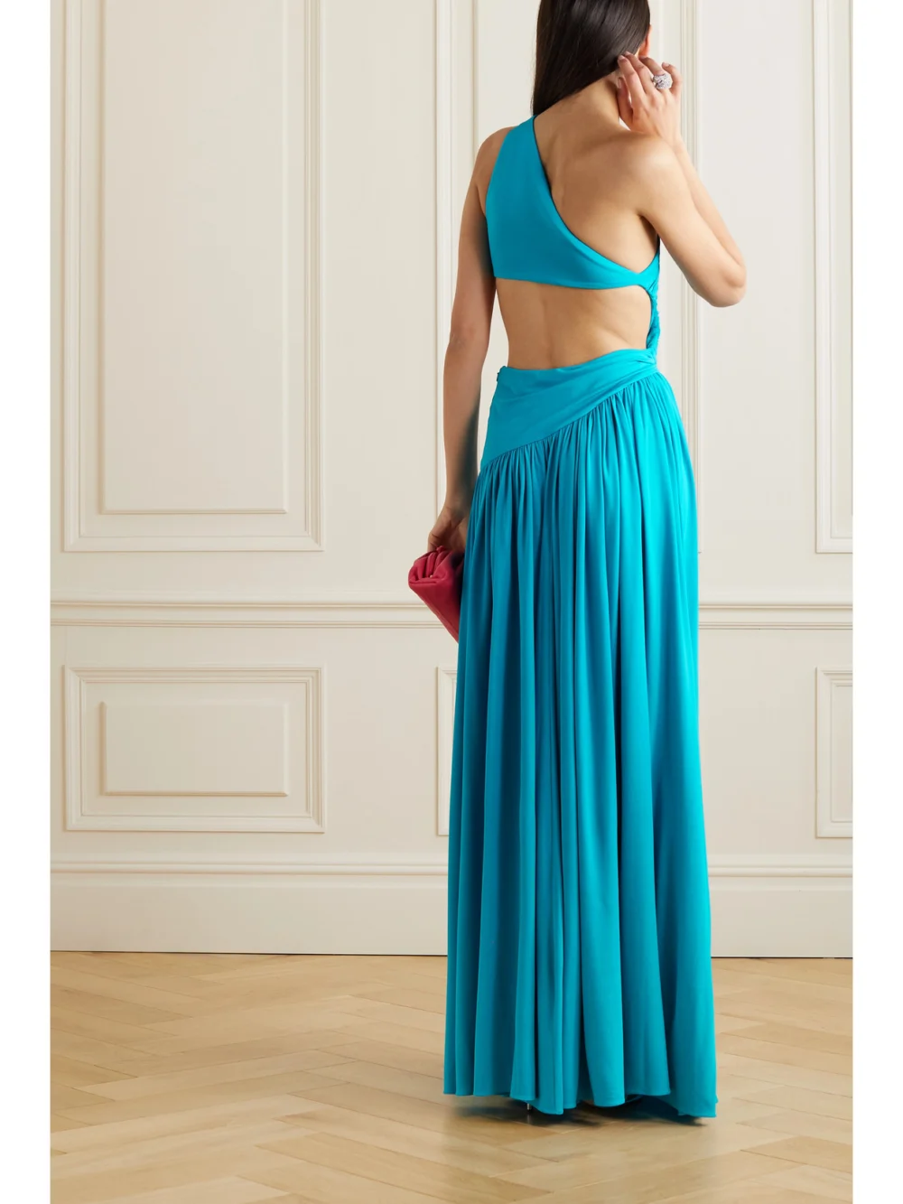 Back view of the Michael Kors Collection One-shoulder Cutout Gathered Jersey Gown