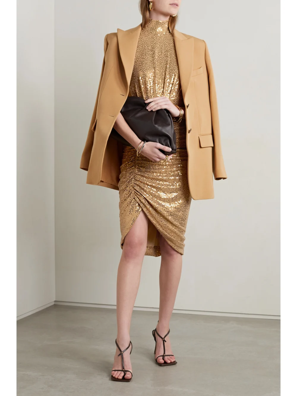 Michael Kors Collection Ruched Sequined Crepe Midi Dress, worn by a model